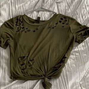 cropped olive green hole tie up shirt